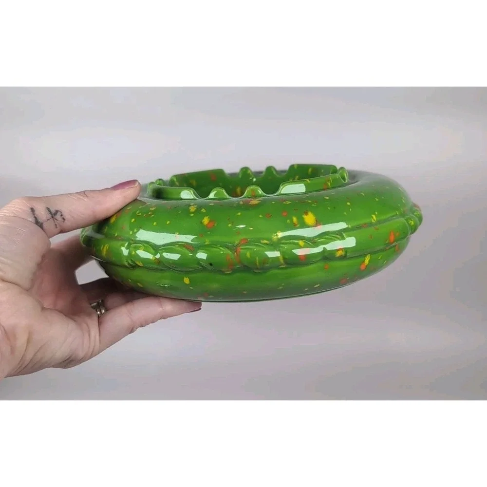 Gare 1974 Green W/Specks Of Orange Glaze Ceramic Ashtray USA Made 7.5